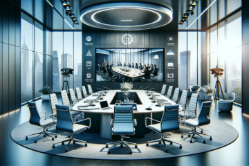 DALL·E 2024-01-14 19.05.20 - A professional and modern banner for an article about conference solutions. The banner features a sleek, contemporary conference room with a large ova